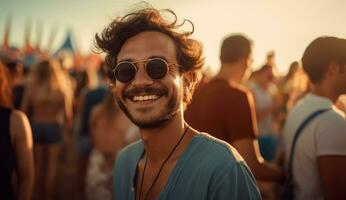 jong Mens glimlachen in een muziek- festival menigte ai gegenereerd foto