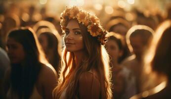 jong vrouw staand in voorkant van menigte met bloemen kroon ai gegenereerd foto