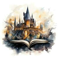 magisch Harry pottenbakker stijl tafereel in een Open boek ai gegenereerd foto