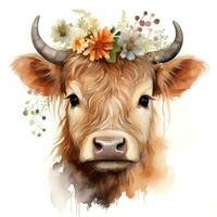 aanbiddelijk baby koe met bloem kroon clip art Aan wit achtergrond ai gegenereerd foto