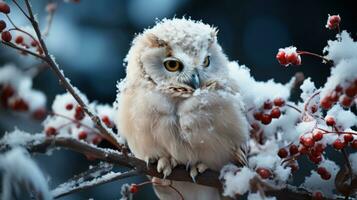 betoverend winter Woud met baby uil ai gegenereerd foto