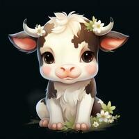 schattig baby koe met minimalistische bloem krans tekenfilm stijl clip art ai gegenereerd foto