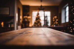 leeg houten tafelblad in voorkant van blauw achtergrond ai gegenereerd foto