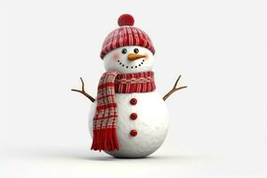 gelukkig sneeuwman met rood hoed en sjaal in wit studio ai gegenereerd foto