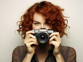 glimlachen jong vrouw Holding camera over- wit achtergrond ai gegenereerd foto