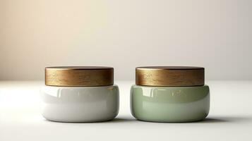 twee milieuvriendelijk huidsverzorging containers met licht groen etiketten ai gegenereerd foto