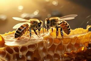 twee bijen genieten van een honingraat in gouden licht ai gegenereerd foto