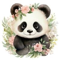 aanbiddelijk waterverf baby panda met een bloem kroon clip art Aan wit achtergrond ai gegenereerd foto