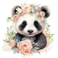 aanbiddelijk waterverf baby panda met een bloem kroon clip art Aan wit achtergrond ai gegenereerd foto