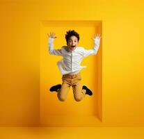 jong jongen jumping in minimalistische achtergrond ai gegenereerd foto