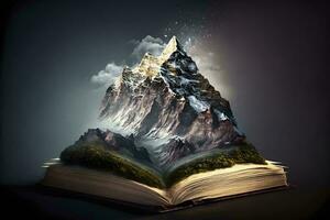 kennis stijgt een boek boven een berg top ai gegenereerd foto
