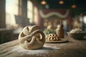 heerlijk detailopname van loog bun en Beiers zoute krakeling in bakkerij ai gegenereerd foto
