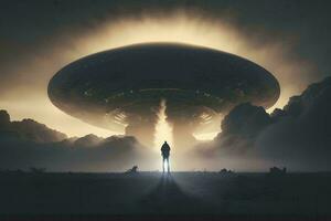 mysterieus Mens aftekenen door reusachtig ufo ai gegenereerd foto
