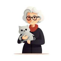 ouderen vrouw met kat in vlak minimalistisch stijl ai gegenereerd foto