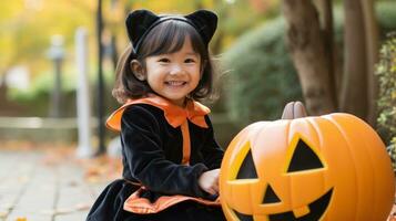 schattig Japans 2 jaar oud meisje in halloween kostuum ai gegenereerd foto