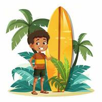 avontuurlijk kind staand met surfboard ai gegenereerd foto
