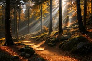 foto van de herfst berg Woud, Woud rivier, bemost stenen, zon stralen behang