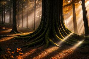 foto van de herfst berg Woud, Woud rivier, bemost stenen, zon stralen behang