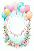 waterverf bruiloft of verjaardag groeten kaart achtergrond met ballons en bloemen foto