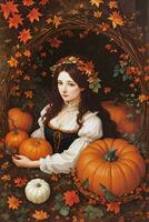 Renaissance stijl herfst illustratie van de heks meisje met pompoenen foto