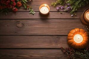 top schot van de pompoenen en kruiden Aan een houten tafel sjabloon foto