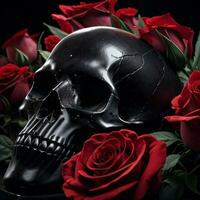 de schedel en rozen Aan de zwart achtergrond foto