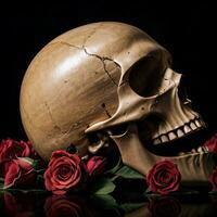 de schedel en rozen Aan de zwart achtergrond foto
