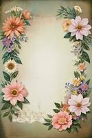 wijnoogst retro uitstraling papier structuur met waterverf bloemen foto