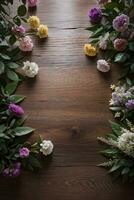 houten achtergrond en bloemen banier sjabloon mockup achtergrond foto