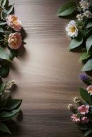 houten achtergrond en bloemen banier sjabloon mockup achtergrond foto