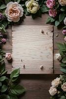 houten achtergrond en bloemen banier sjabloon mockup achtergrond foto