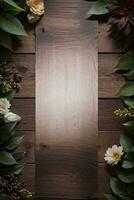 houten achtergrond en bloemen banier sjabloon mockup achtergrond foto