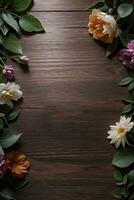 houten achtergrond en bloemen banier sjabloon mockup achtergrond foto