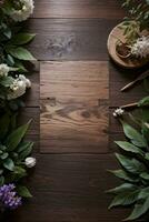 houten achtergrond en bloemen banier sjabloon mockup achtergrond foto