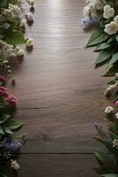 houten achtergrond en bloemen banier sjabloon mockup achtergrond foto