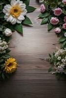 houten achtergrond en bloemen banier sjabloon mockup achtergrond foto