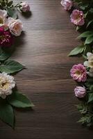 houten achtergrond en bloemen banier sjabloon mockup achtergrond foto