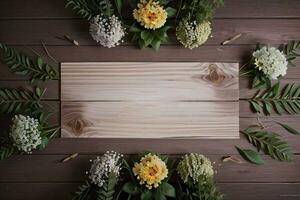 houten achtergrond en bloemen banier sjabloon mockup achtergrond foto