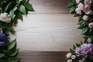 houten achtergrond en bloemen banier sjabloon mockup achtergrond foto