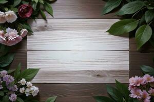 houten achtergrond en bloemen banier sjabloon mockup achtergrond foto