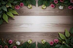 houten achtergrond en bloemen banier sjabloon mockup achtergrond foto