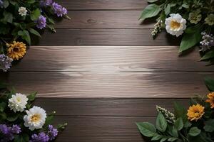 houten achtergrond en bloemen banier sjabloon mockup achtergrond foto