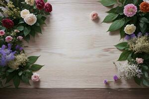 houten achtergrond en bloemen banier sjabloon mockup achtergrond foto