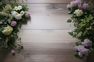 houten achtergrond en bloemen banier sjabloon mockup achtergrond foto