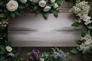 houten achtergrond en bloemen banier sjabloon mockup achtergrond foto