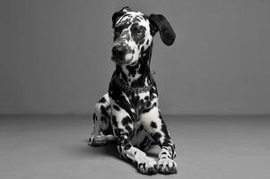 schattig Dalmatiërs aan het liegen in grijs achtergrond foto studio