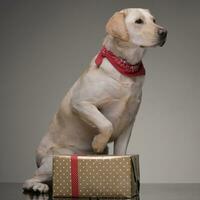 een aanbiddelijk gouden retriever met Kerstmis cadeaus foto