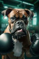 bulldog hond bokser boksen ring handschoenen foto gehumaniseerd dier realistisch tanden echt