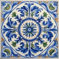 retro wijnoogst overladen ornament tegel geglazuurd Portugees mozaïek- patroon bloemen blauw plein kunst foto