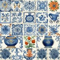 retro wijnoogst overladen ornament tegel geglazuurd Portugees mozaïek- patroon bloemen blauw plein kunst foto